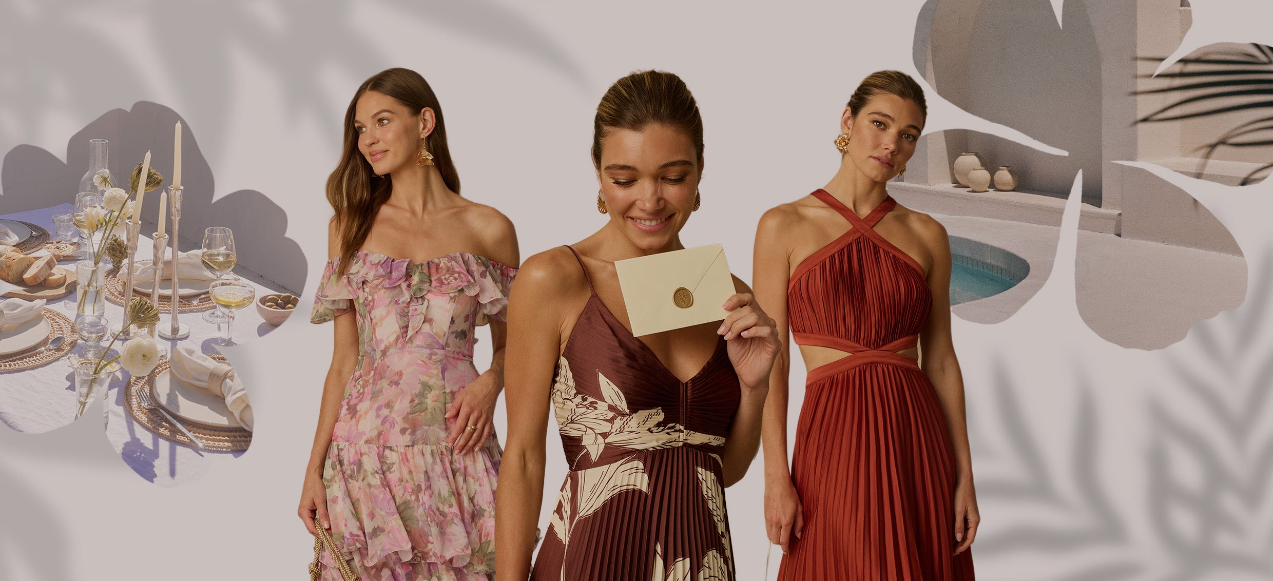 Three women in colorful, elegant summer dresses: floral, patterned, and pleated red.