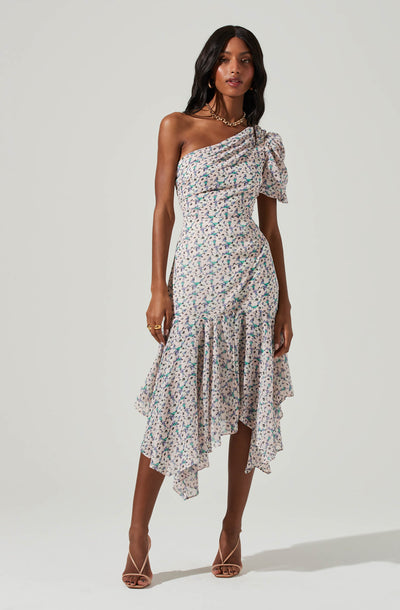 Santorini Floral One Shoulder Midi Dress
