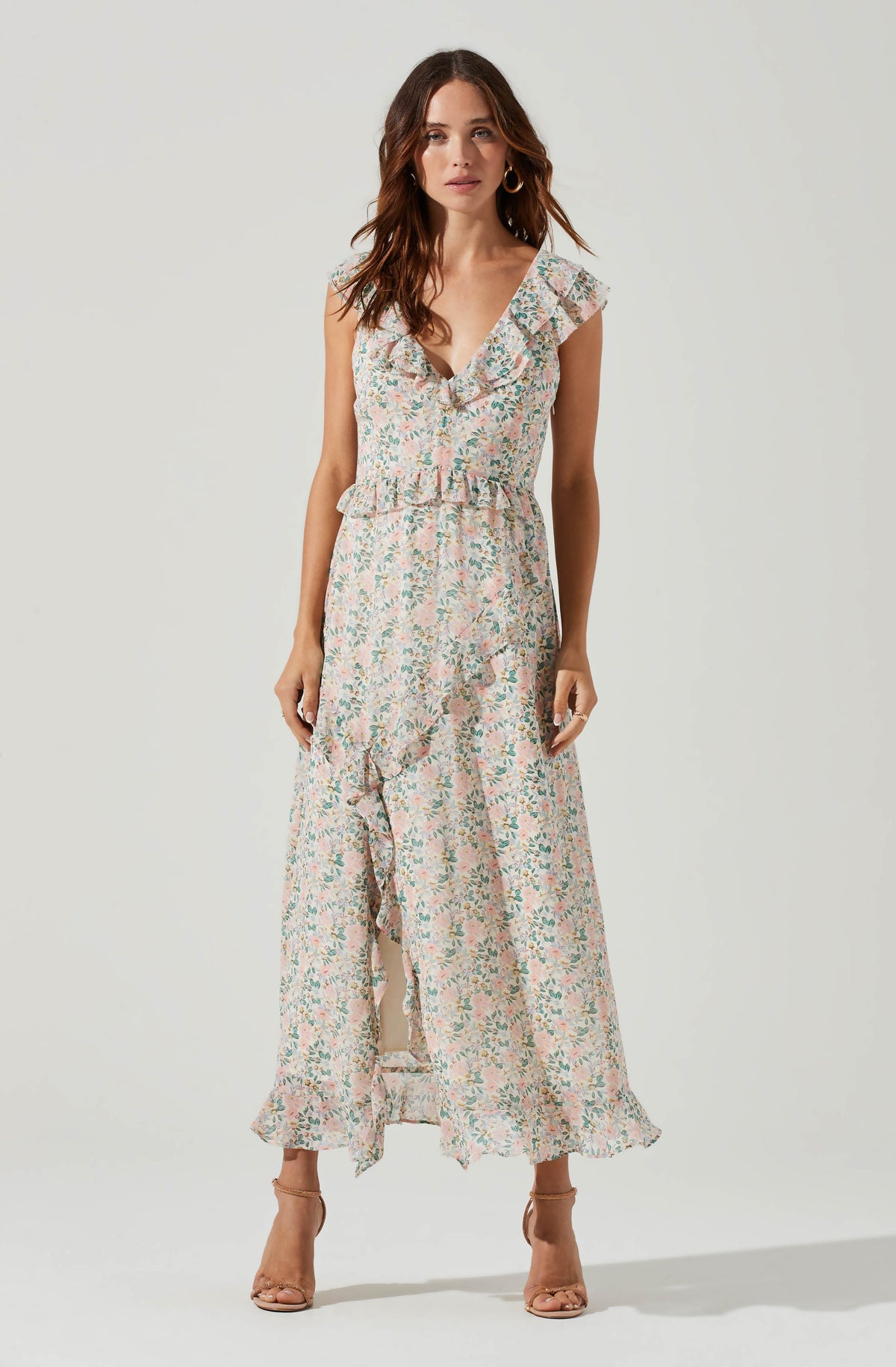 Blush floral pleated ruffle midi dress shop