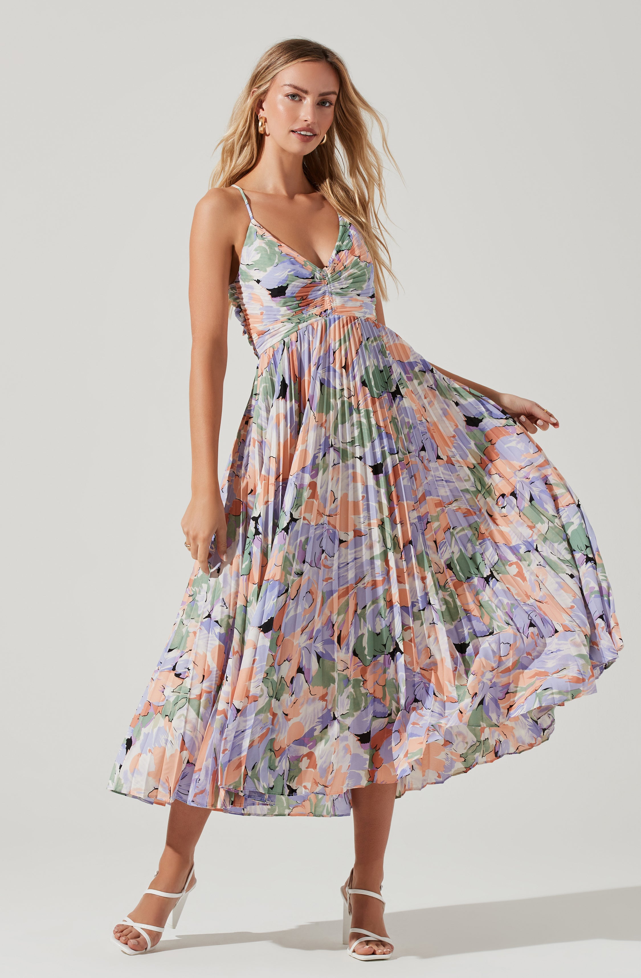Coral pleated outlet midi dress