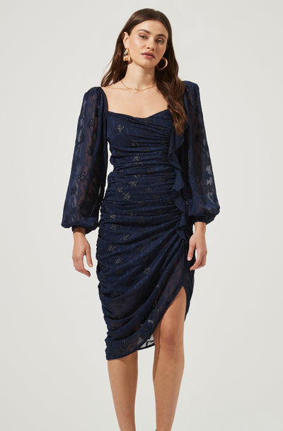 Athens Ruched Puff Sleeve Burnout Midi Dress