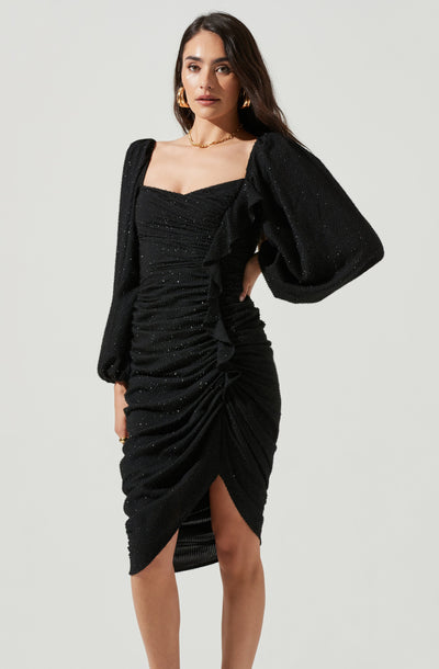 Athens Ruched Puff Sleeve Shimmer Midi Dress