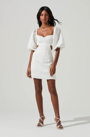 ASOS DESIGN corset linen mini skater dress with puff sleeve in white | ASOS