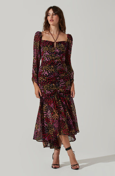 Athena Floral Ruched Long Sleeve Midi Dress