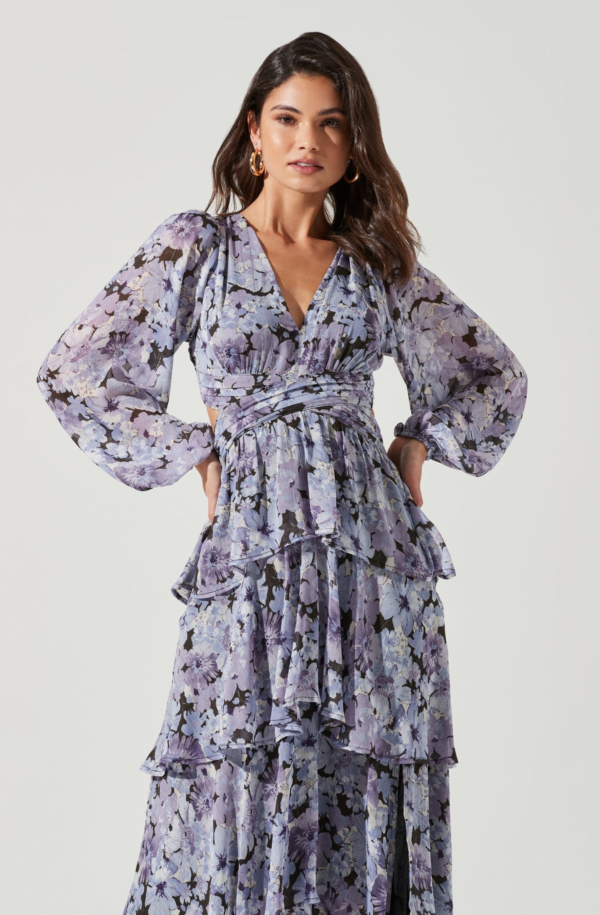 Anora Floral Tiered Maxi Dress Black purple floral XS