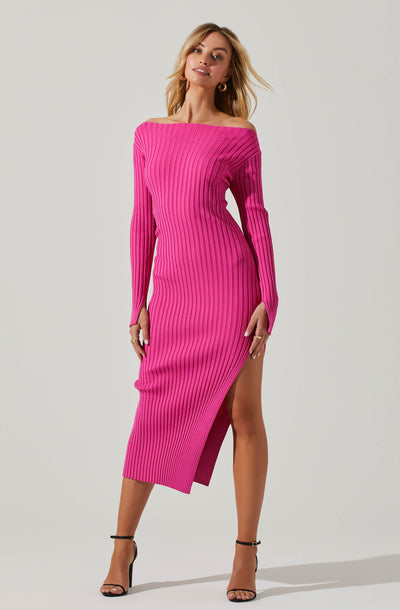 Hilaria Ribbed Knit Off Shoulder Sweater Midi Dress