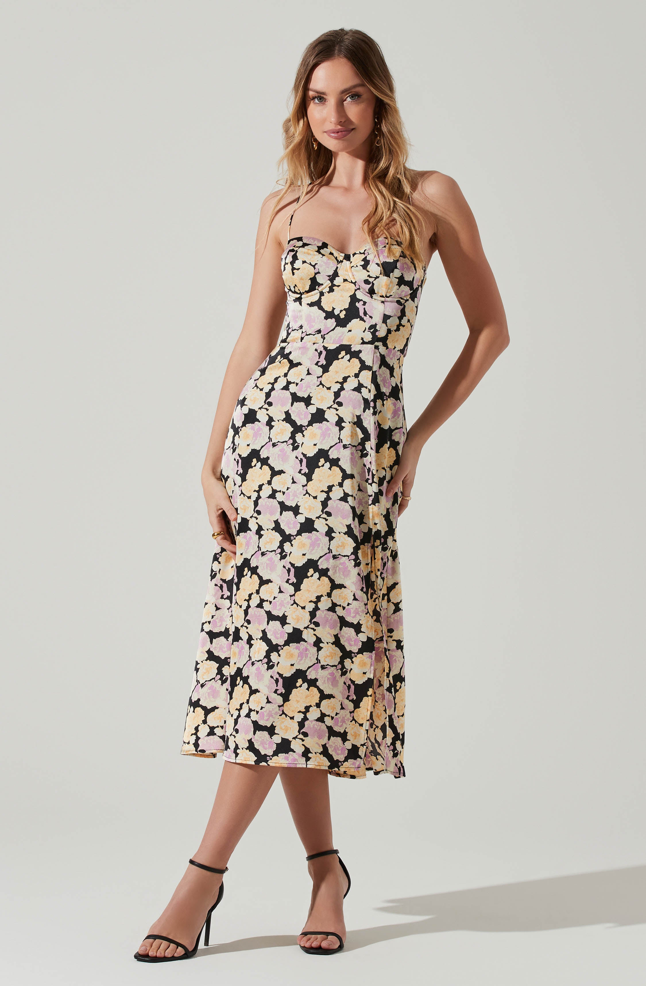 Gala Bustier Cross Strap Midi Dress - Black purple floral / XS