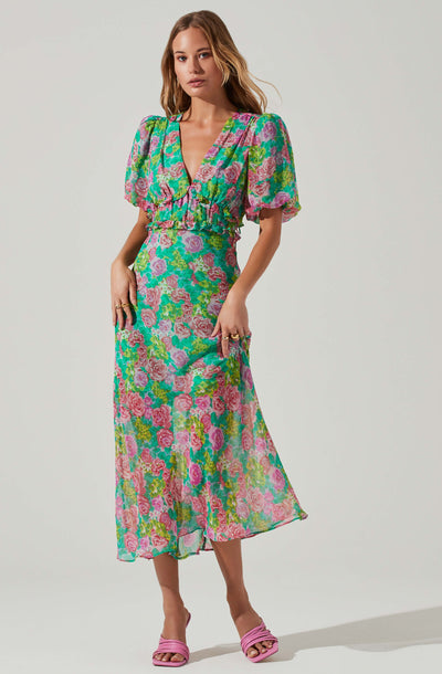 Esperanza Floral Puff Sleeve Midi Dress