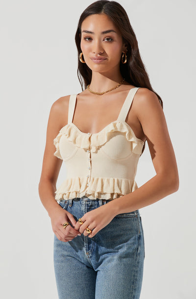Aries Ruffle Knit Faux Pearl Button Top