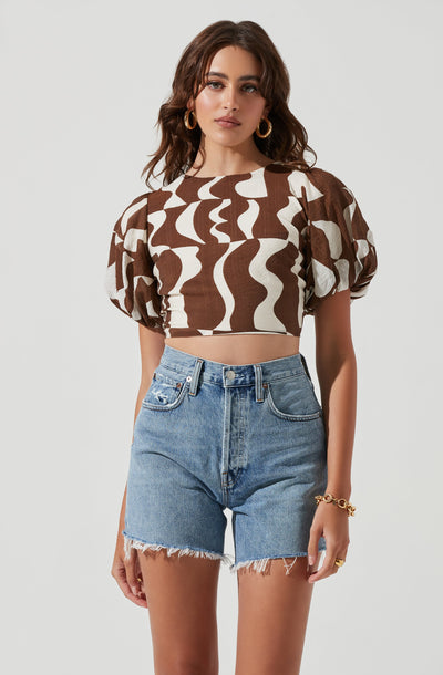 Boulevard Abstract Print Puff Sleeve Open Back Top