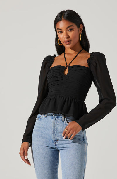 Toni Ruched Halter Long Sleeve Peplum Top