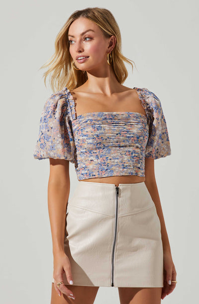 Lin Floral Pleated Puff Sleeve Top