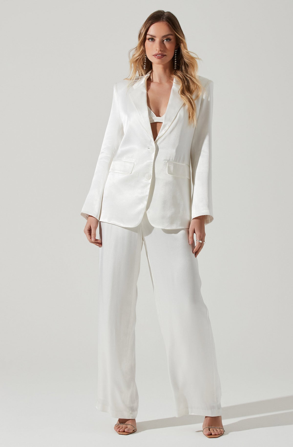 White Satin Oversized Diamante Trim Blazer Dress