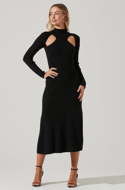 Front Cutout Long Sleeve Sweater Midi Dress