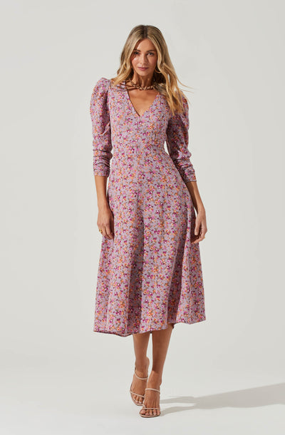 Puff Sleeve V Neck Back Cutout Midi Dress