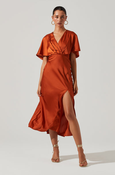 Alessia Satin Flutter Sleeve Midi Dress