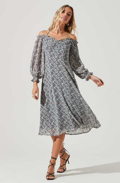 Off Shoulder Long Sleeve Cinched Bust Midi Dress