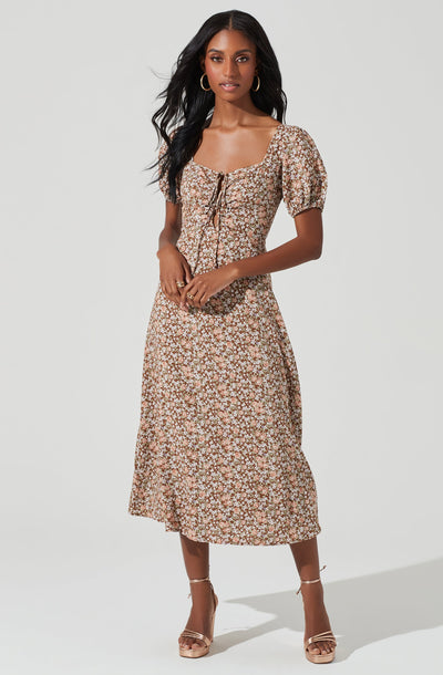 Lace Up Puff Sleeve Floral Midi Dress
