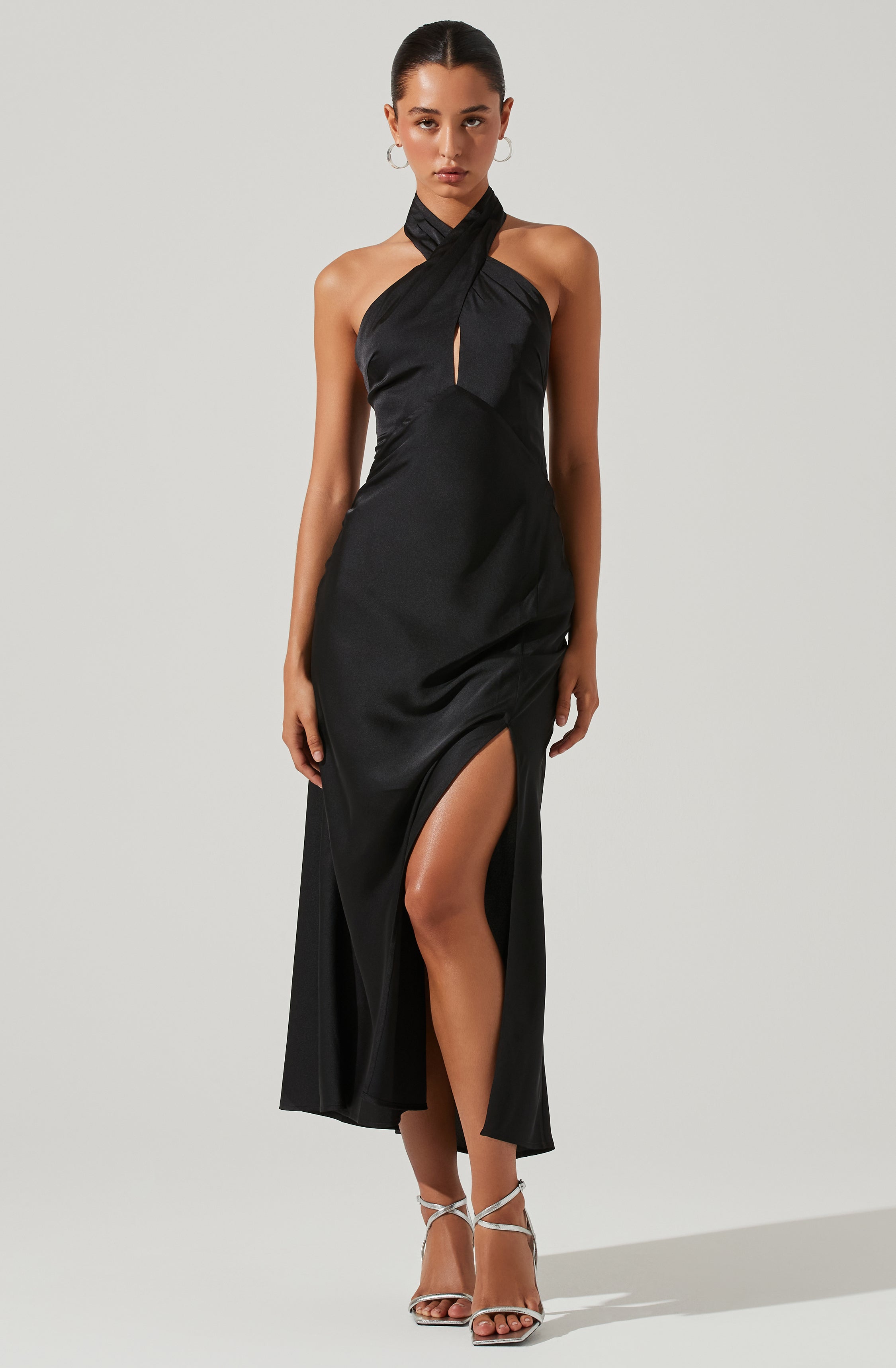 Marissa Satin Halter Neck Midi Dress - Black / XS