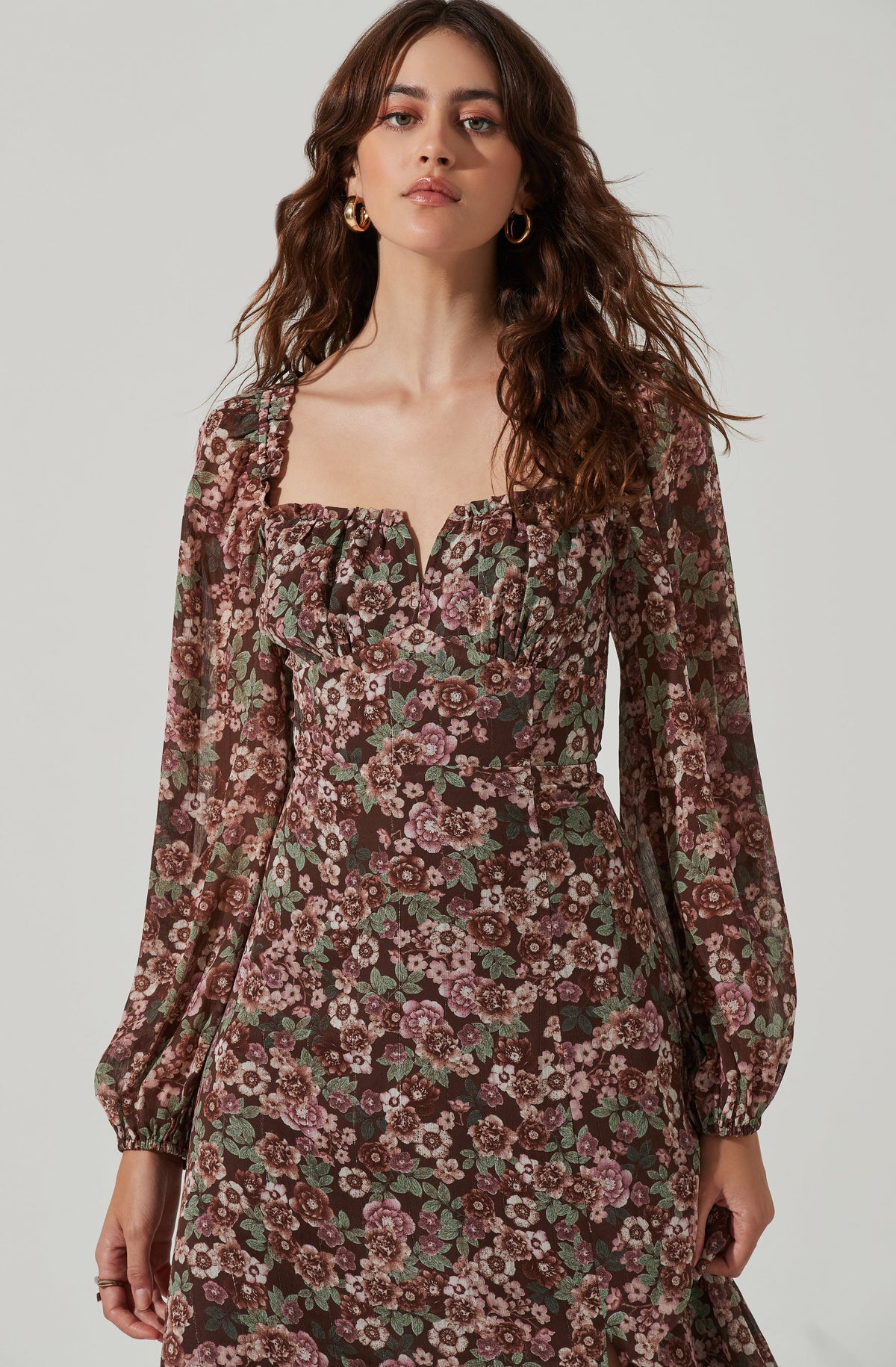 Floral V Front Long Sleeve Midi Dress Brown mauve floral XS