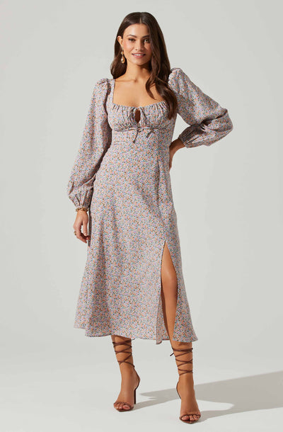 Floral Long Sleeve Back Cut Out Midi Dress