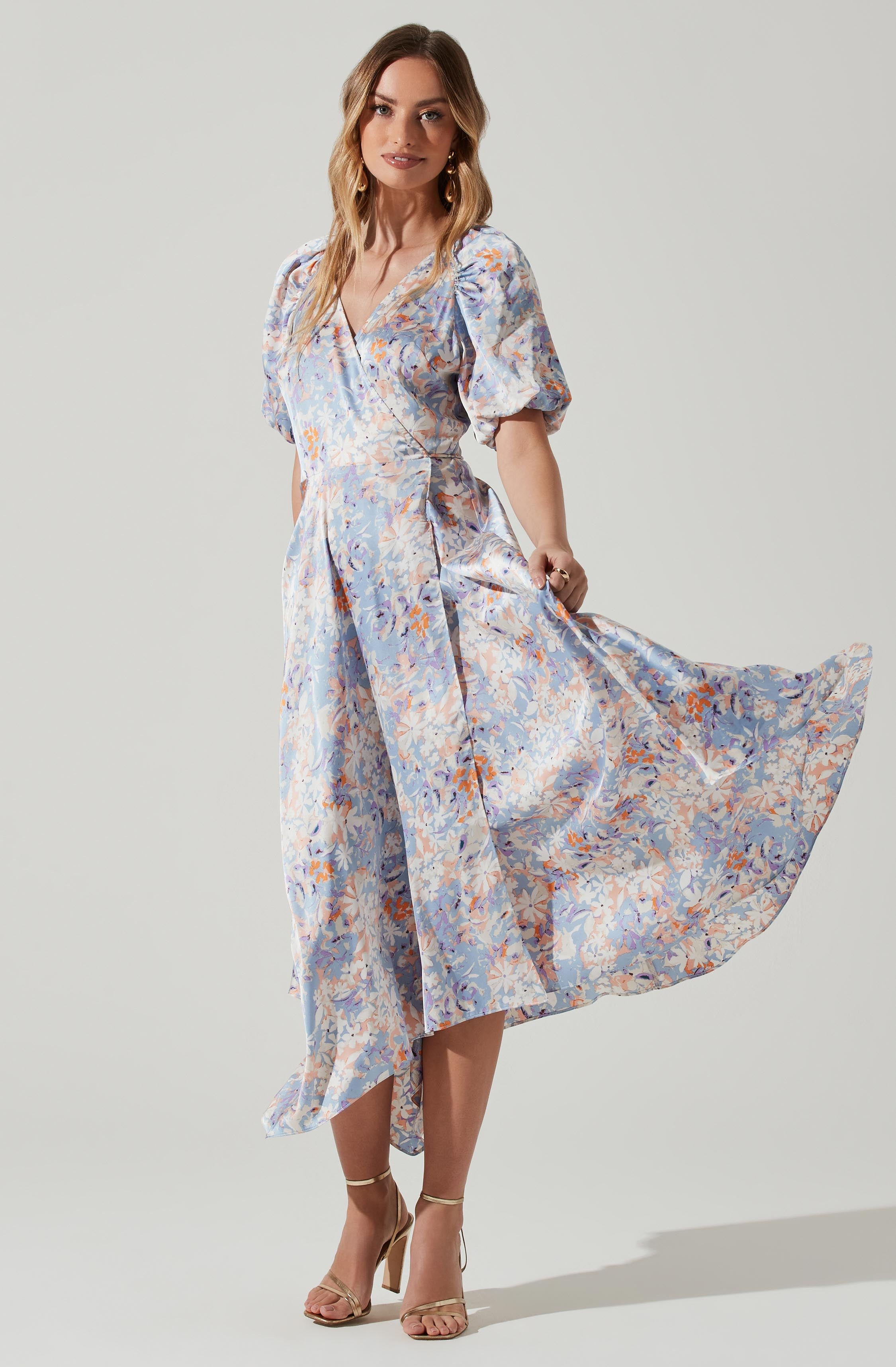 Satin Floral Bubble Sleeve Wrap Midi Dress – ASTR The Label