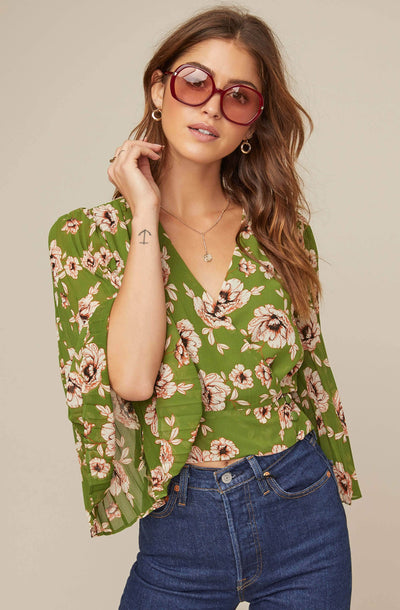 Pleated Sleeve Floral Wrap Top