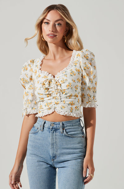 Printed Floral Linen Cinched Top