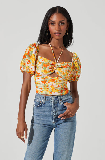 Tie Neck Floral Cut Out Puff Sleeve Top