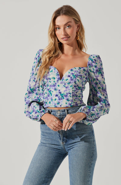 Floral V Wire Printed Long Sleeve Top