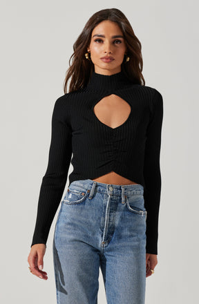 Highneck Knit Top - This is an outfit that easily goes from morning coffee to post-work happy hour. It emphasizes a slender highneck.