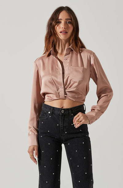 Sutton Satin Button Up Crop Top