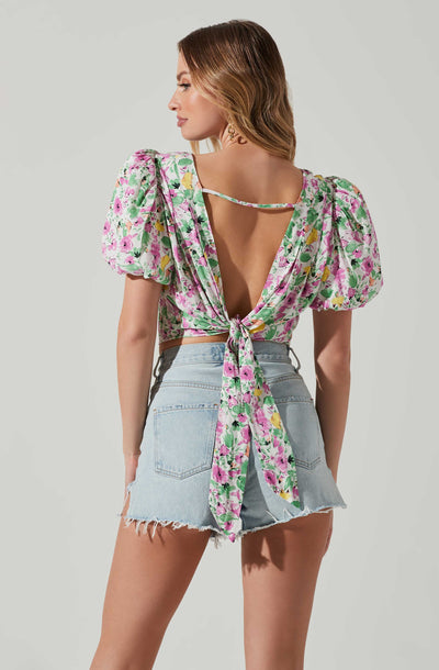 Floral Bubble Sleeve Tie Back Top