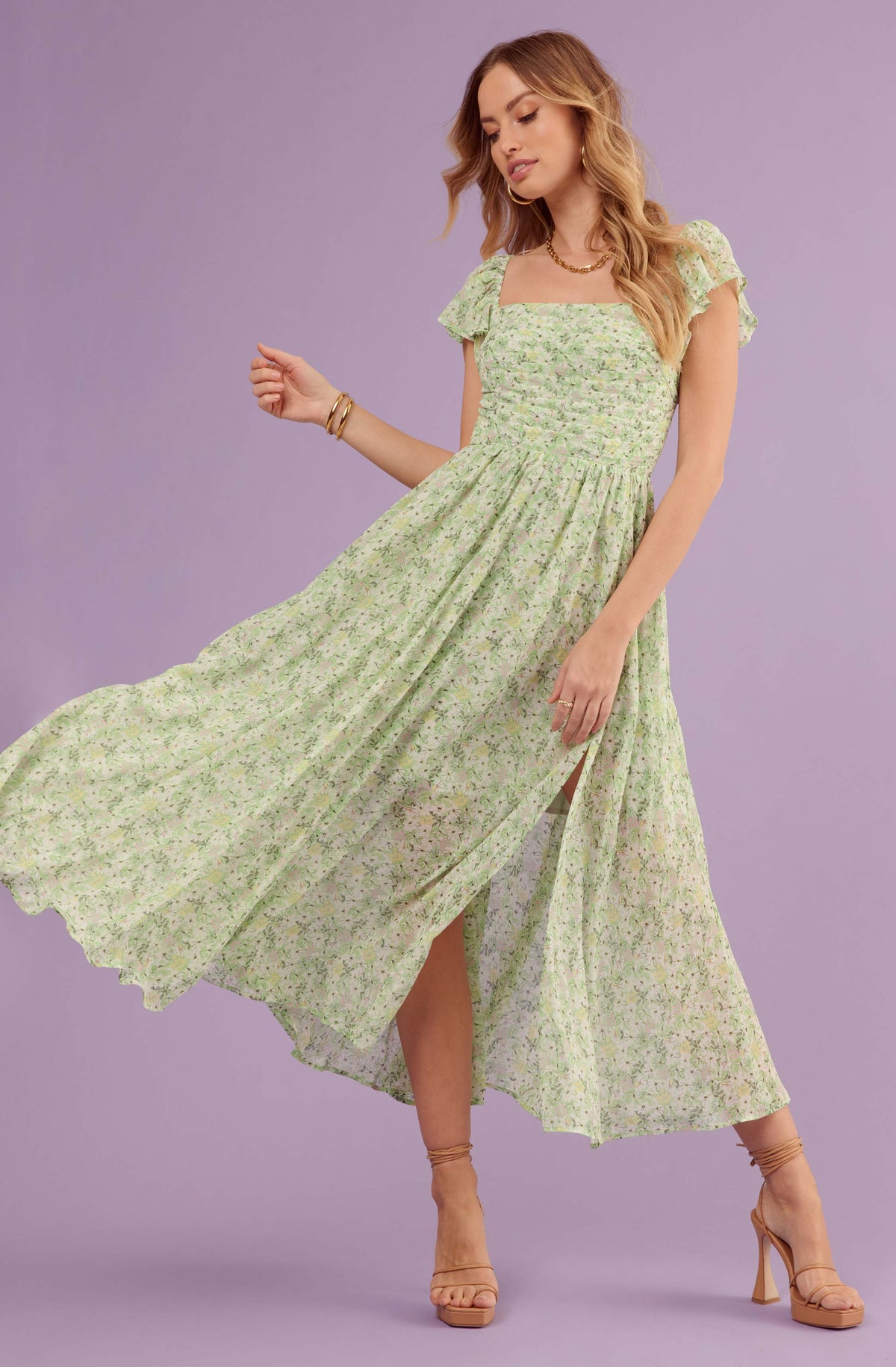 Lilac Floral Cap Sleeve Dress in Longer Length – Udtfashion